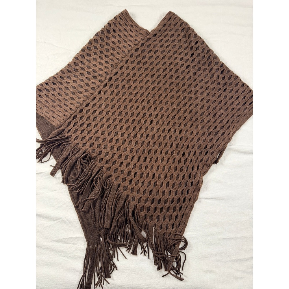 Vintage Brown Knit Fringe Poncho Asymmetrical Honeycomb Boho Western Festival